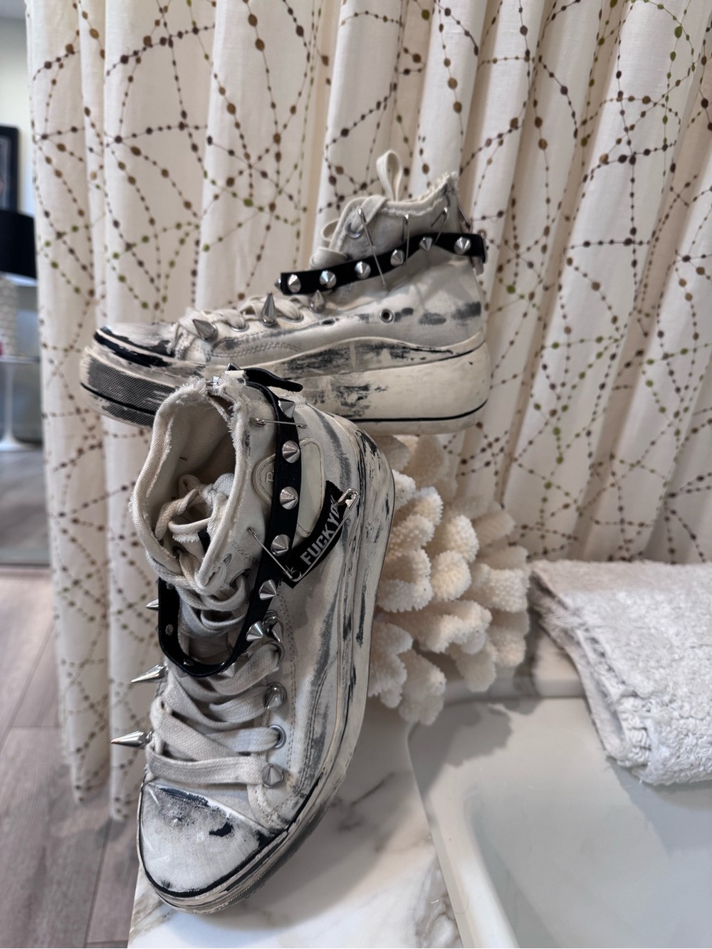 R-13 Studded White High-Top Sneakers with Black Straps-9